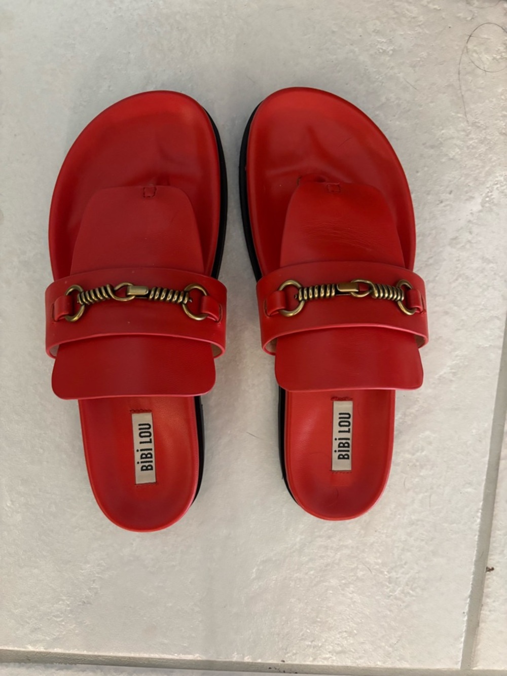 Bibi Lou Red Slide Sandals with Gold Chain Detail